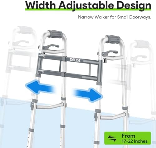 Delog Narrow Folding Walker for Seniors with Trigger Release and 5 Inches Wheels, Lightweight Supports Up to 350 lbs, Aluminum Folding Walker for Elderly, Handicapped and Disabled