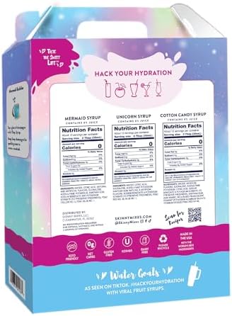 Jordan's Skinny Mixes Sugar Free Syrup Trio Sampler Pack – Mermaid, Unicorn & Cotton Candy, As Seen on Watertok, Drink Mix for Iced Tea, Lemonade & More, Zero Calorie, 12.6 Fl Oz Each (pack of 3)