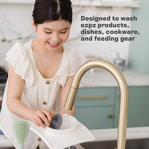 ezpz Mushroom Sponge (Gray) - Odor-Resistant Kitchen Sponge with Soft Bristles, Non-Slip Handle, Suction Base - Gently Cleans Pans, Dishes and Feeding Gear