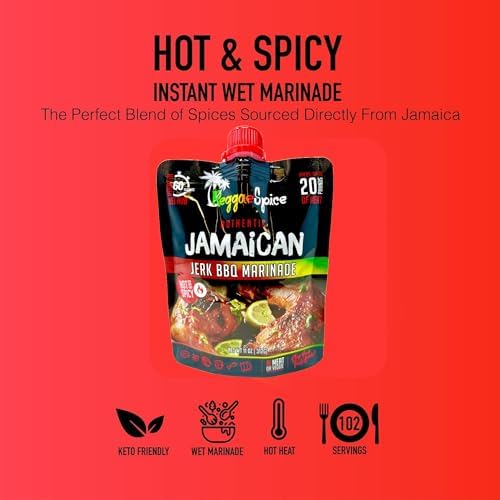 Reggae Spice Jamaican Jerk BBQ Marinade | 60-Second Authentic Wet Rub Seasoning Sauce for Cooking Meats | Gluten Free, Vegan, and Keto Friendly | 11 oz (Hot & Spicy Pouch)