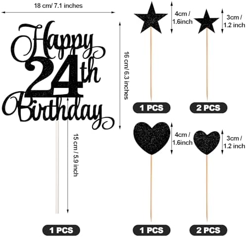 24th Birthday Cake Decorations Set Include 24th Birthday Candles Numeral 24 Cake Candles and Happy 24th Birthday Cake Toppers with Heart Star Cupcake Picks for Birthday Party (Black Serise)