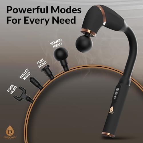 Pursonic Deep Tissue Massage Gun with U-Shaped Design & Long Handle – Handheld Back Massager with 4 Heads, 6 Speeds, USB-C Rechargeable for Neck, Shoulders, Legs & Muscles