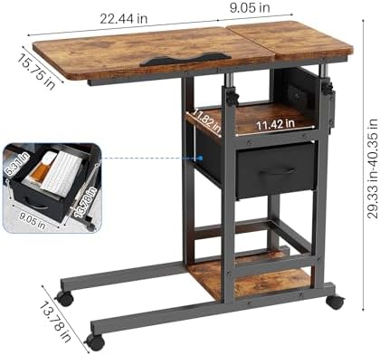 Height Adjustable Overbed Table with Wheel and Charging Station, Tiltable Desk C Shaped End Table for Couch, 2-Tier Overbed Bedside Desk with Storage Shelve for Living Room Bedroom