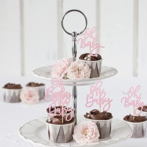 Rsstarxi 24 Pack Oh Baby Cupcake Toppers Pink Glitter Baby Shower Gender Reveal Cupcake Picks for Boy or Girl Theme Baby Shower Kids Birthday Party Cake Decorations