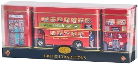 New English Teas British Traditions 3x Tea Tins with Fine English Breakfast Loose Leaf Tea and 10x Teabags, British Souvenir, Big Ben, UK Foods