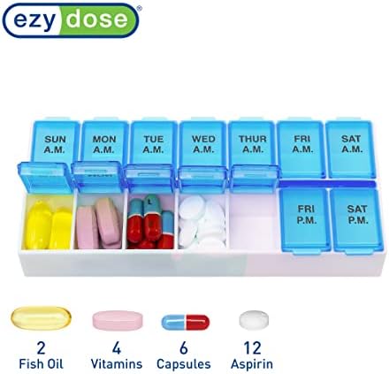 EZY DOSE Weekly AM/PM (7-Day) Pill Organizer, Medication Organizer Box for Daily Vitamins & Pills, Easy-Open Secure Pill Case for Travel & Home, Medium Compartments, Daily Dose Planner, Blue