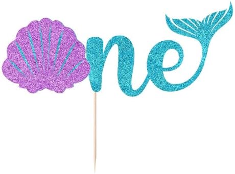 Mermaid One Cake Topper, Baby First Birthday Cake Decor, Under The Sea Theme Photo Décor for Baby Shower/Gender Reveal Party/ 1st Birthday Party Decorations Supplies Glitter(Blue -one)