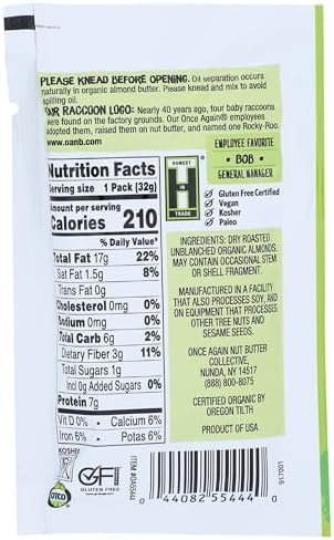 Once Again Organic Creamy Almond Butter, Non GMO, 1.15 Ounces (Pack Of 10)
