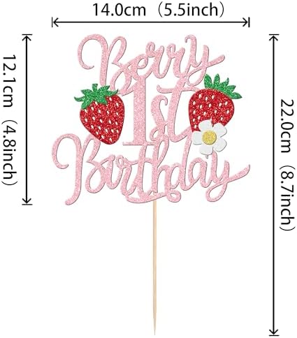 1 PCS Berry 1st Birthday Cake Topper Glitter Sweet Fruit Theme Flower First Birthday Strawberry One Cake Pick for Strawberry Theme Baby Shower 1st Birthday Party Cake Decorations Supplies Pink