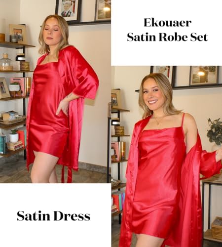 Ekouaer Women's Satin Robe Set Nightgown with Robes Silk Pajama Set 2 Pieces Lingerie Cowl Neck Cami Sleepwear Sets