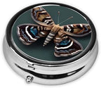 Portable 3-Compartment Pill Box – Round Daily Medicine Organizer for Pocket or Purse, Beautiful Moth Ideal for Morning, Noon & Evening Doses