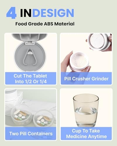 4-in-1 Pill Cutter with Crusher, Storage & Cups - Precise Cutting for 0.85in Pills, Stainless Steel Blade, Ergonomic Design (White)