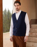 Kallspin Men's Cable Knit Sweater Vest Wool Blend V Neck Button Down Sleeveless Cardigan Vest