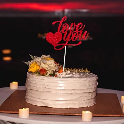 Valentines Cake Toppers Red Cake Topper Glitter "Love You" Cake Toppers Birthday Wedding Cake Decoration for Valentine's Day Birthday Wedding Party 10pcs