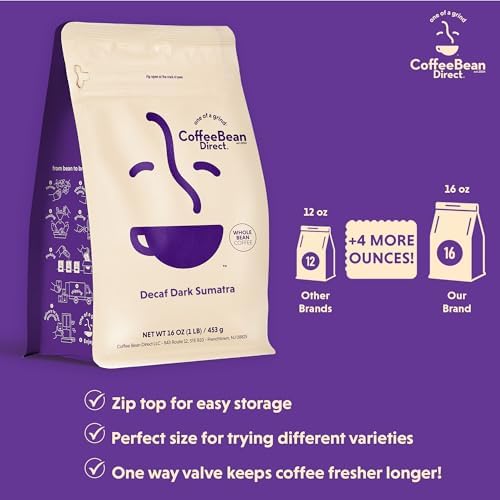 Coffee Bean Direct Decaf Dark Sumatra, Whole Bean Coffee, Arabica Coffee, Dark Roast, 1 Pound Bag (Pack of 1)