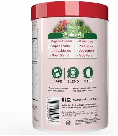 Country Farms Organic Super Greens Berry Flavor, 50 Organic Super Foods, Packed with Fiber, USDA Organic Drink Mix, Fruits, Vegetables, Mushrooms & Probiotics, Supports Energy, 5g Fiber