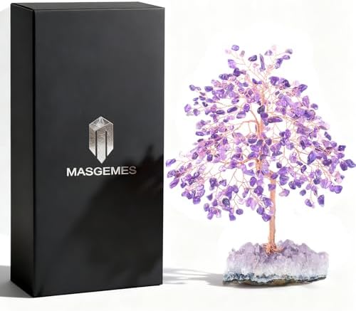 Natural Gemstone(406 Stone Count) Amethyst Crystal Tree of Life,Chakra Balancing Positive Enegy Fengshui Decor Bonsai Money Tree,Good Luck Spiritual Gift Height 8.5-9 Inches