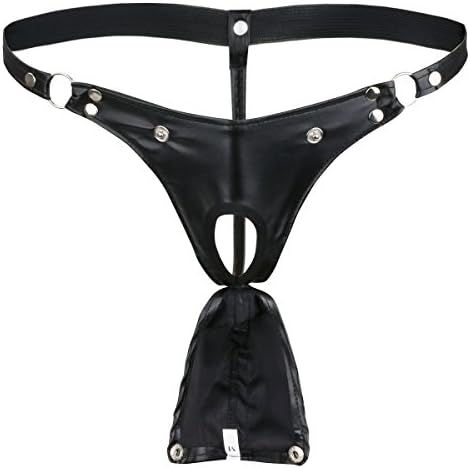 iEFiEL Men's Black Leather Bikini G-String Thong Lingerie with Buckle Pouch Buckled Black X-Large(Waist:29.0-35.5")