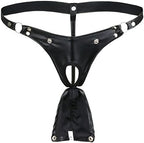 iEFiEL Men's Black Leather Bikini G-String Thong Lingerie with Buckle Pouch Buckled Black X-Large(Waist:29.0-35.5")