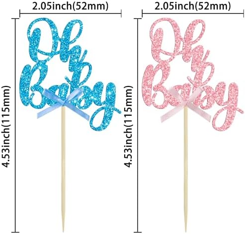 Gyufise 36Pcs Oh Baby Cupcake Toppers Pink Blue Bow Glitter Baby Shower Gender Reveal Cupcake Picks for Boy or Girl Theme Baby Shower Kids Birthday Party Cake Decorations Supplies
