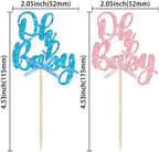 Gyufise 36Pcs Oh Baby Cupcake Toppers Pink Blue Bow Glitter Baby Shower Gender Reveal Cupcake Picks for Boy or Girl Theme Baby Shower Kids Birthday Party Cake Decorations Supplies