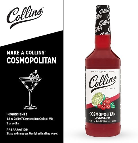 Collins Cosmopolitan Mix, Made With Real Cranberry Juice, Lime Juice, with Natural Flavors, Cosmo Cocktail Mixer, Bartender Mixer, Drinking Gifts, Home Cocktail bar, 32 fl oz