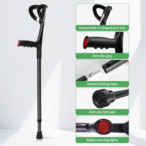 Forearm Crutches for Adults (1 Pair), Adjustable Arm Crutches, Crutch for Walking, Forearm Crutch Pads with Anti-Dorp Cuff, Elbow Cushion, Grip Cushion（Foliage）, for Broken Foot or Leg Injuries