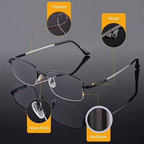LJIMI Progressive Multifocus Presbyopic Reading Glasses Blue Light Blocking Half Frame Titanium Alloy No Line Multifocal UV Protection Computer Readers for Men and Women Eyeglasses Anti Glare Eyewear
