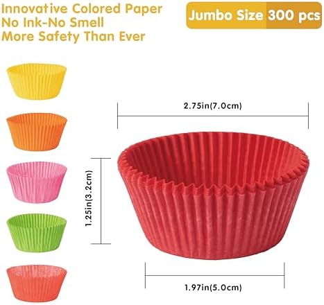 Jumbo Cupcake Liners 300 pcs Rainbow Muffin Liners No Smell,Food&Grade,Greaseproof Paper Baking Cups, Cupcake Wrappers for Party,Christmas by GoldenBakeryFamily