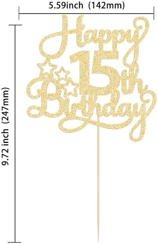 1 Pack Happy 15th Birthday Cake Topper Gold Glitter Mis Quince 15 Cheers to 15 Years Old Cake Pick for Celebrating 15th Birthday Anniversary Party Cake Decorations Supplies