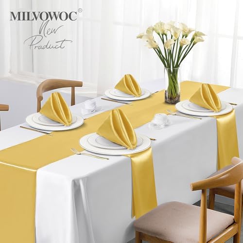 MILVOWOC 12 Pack Square Gold Satin Napkins 20 x 20 Inch Soft Silk Dinner Napkins Smooth Decorative Table Napkins, Reusable Cloth Napkins for Weddings Dinner Restaurant Party Decoration
