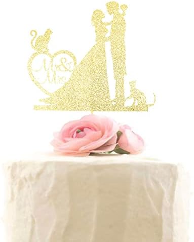 Mr and Mrs Cake Topper, Bride and Groom with Cats Silhouette Wedding Cake Decors, Cats Pet Party Decorations, Gold Glitter