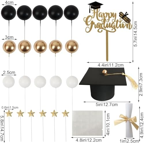 Graduation Cake Toppers - Graduations Cap Diploma Balls Congrats Grad Cake Decorations for 2026 High School College Senior Graduation Supplies (Black Gold White)
