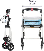 KMINA Narrow Walker for Small Spaces, Foldable Walker with Tray and Basket, 4 Wheels and Brakes, Lightweight Indoor Rollator for Seniors, Blue, PRO Model