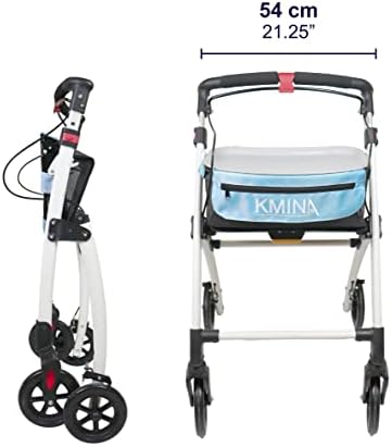 KMINA Narrow Walker for Small Spaces, Foldable Walker with Tray and Basket, 4 Wheels and Brakes, Lightweight Indoor Rollator for Seniors, Blue, PRO Model