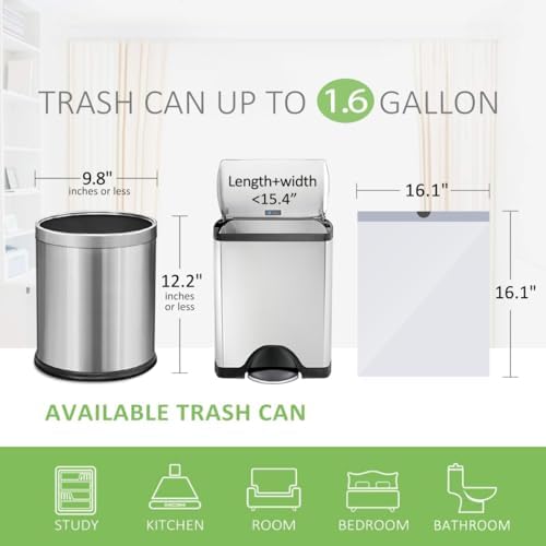 Teivio 1.6 Gallon 120 Counts Strong Drawstring Trash Bags Garbage Bags, Small Bathroom Trash Can Liners, Plastic Waste Basket Liners for Home Office Kitche, White