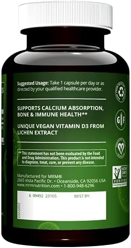 MRM Nutrition Vegan Vitamin D3 2,500 IU | Bone Strength + Immune Support | Plant-Based from Lichens | Supports Calcium Absorption | Vegan + Vegetarian Supplement | 60 Servings