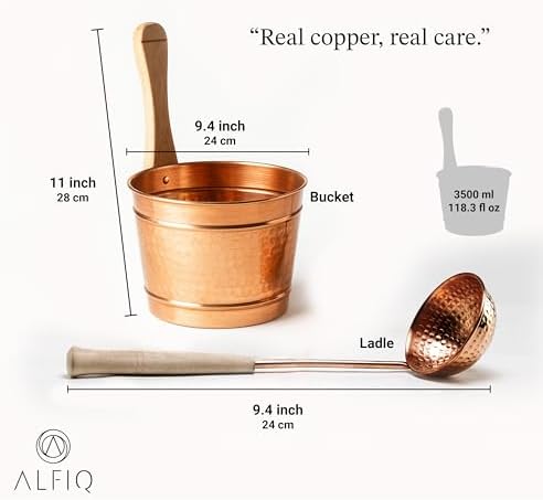 Hammered Copper Sauna Bucket & Ladle Set - Handcrafted Pure Copper Turkish Hammam Spa Accessory, Traditional Sauna Water Bucket with Wooden Handle, Polished Finish, Durable Artisan Design