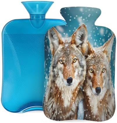 Hot Water Bottle with Cover, Winter Animal Wolf Snow 2L Hot Water Bag for Hot/Cold Compress, Hand Feet Warmer, Menstrual Cramps, Neck and Shoulder Pain Relief