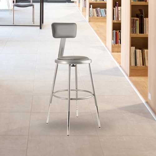 National Public Seating 6400 Series Heavy Duty 18 Inch Adjustable Height Steel Stool with Round Seat and Backrest, Grey Frame and Legs