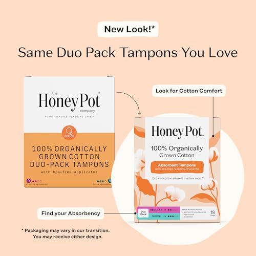 The Honey Pot Company - Multipack -100% Organic Cotton Core Tampons w/Bio Plastic Applicator - Regular & Super Absorbency - Unscented - Feminine Care - 54 Count (3 Packs of 18)