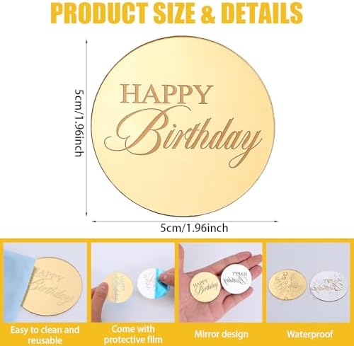 Mirror Round Cupcake Toppers Acrylic Circle Happy Birthday Cupcake Toppers, 20PCS Happy Birthday Cake Decorations, Round Engraved Cake Picks, Reusable Party Supplies, Gold