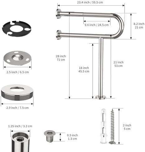 Toilet Support Rail 23.4X 28 Inch, Munzong Anti-Slip Chrome Handicap Grab Bar for Bathroom, Stainless Steel Knurled Safety handrails with Leg for Elderly Disabled Pregnant-1.25’Tube