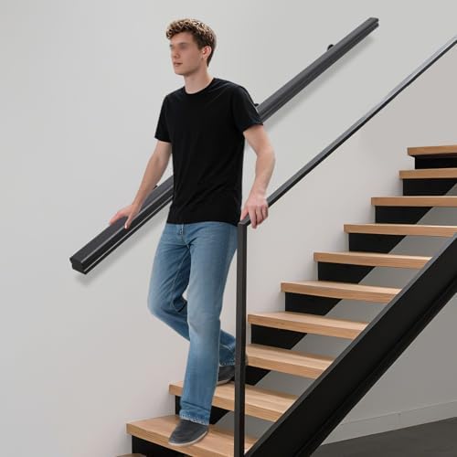 Wooden Stair Handrail, 7FT Decorative Railing for Stairs, 330lbs Load Wall Mount Non-Slip Handrail with Brackets for Indoor/Outdoor Use (Black)