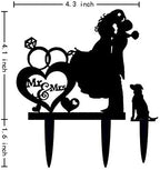 Wedding Couple Kiss, Mr&Mrs Heart Diamond Ring Cake Topper, Bride and Groom with Dog Silhouette Cake Topper (Black)
