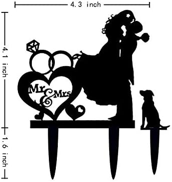 Wedding Couple Kiss, Mr&Mrs Heart Diamond Ring Cake Topper, Bride and Groom with Dog Silhouette Cake Topper (Black)