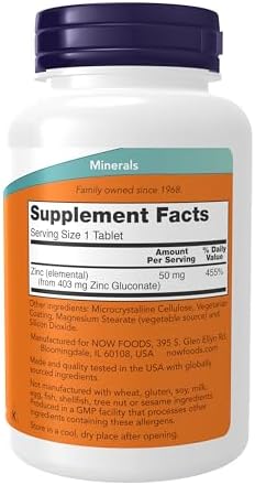 NOW Foods Supplements, Zinc (Zinc Gluconate) 50 mg, Supports Enzyme Functions*, Immune Support*, 250 Tablets