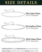 Plus Size Ankle Bracelets for Women - Extra Large 10"+2" Adjustable Anklet 14K Real Gold Plated Anklet Cuban Link, Figaro, Rope, Snake Herringbone - Summer Beach Waterproof Foot Jewelry