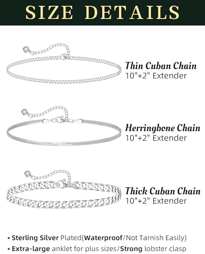 Plus Size Ankle Bracelets for Women - Extra Large 10"+2" Adjustable Anklet 14K Real Gold Plated Anklet Cuban Link, Figaro, Rope, Snake Herringbone - Summer Beach Waterproof Foot Jewelry