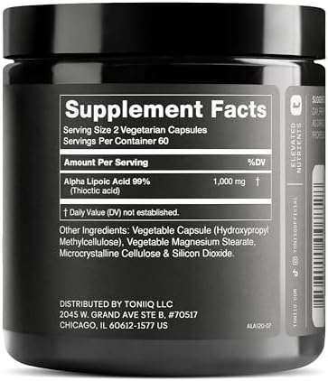 Toniiq 1000mg Ultra High Strength Alpha Lipoic Acid Capsules - Highly Purified 99%+ USP Standard - 120 Capsules ALA Supplement